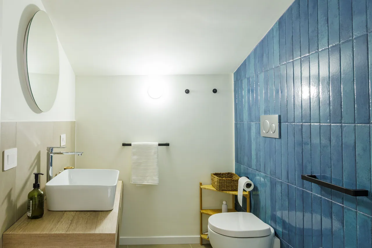 the bathroom with its blue majolica wall