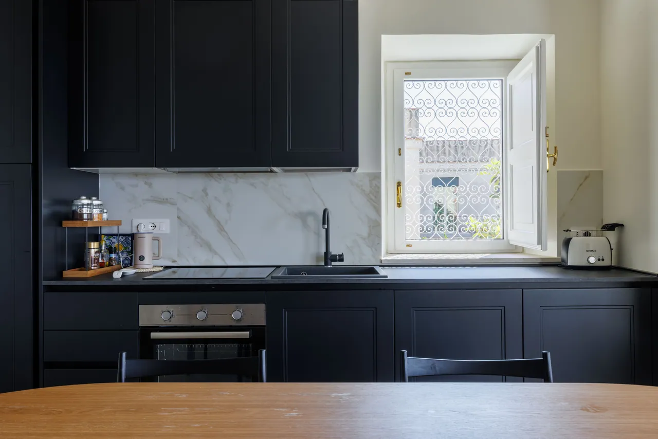 the kitchen at Casa Awaya, with its marble surface