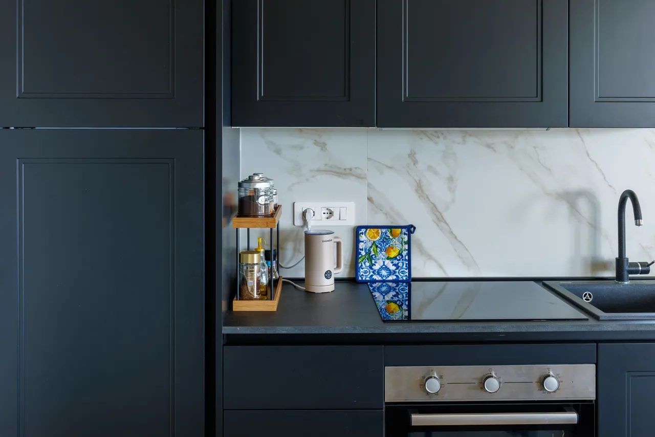 the kitchen at Casa Awaya, with its marble surface