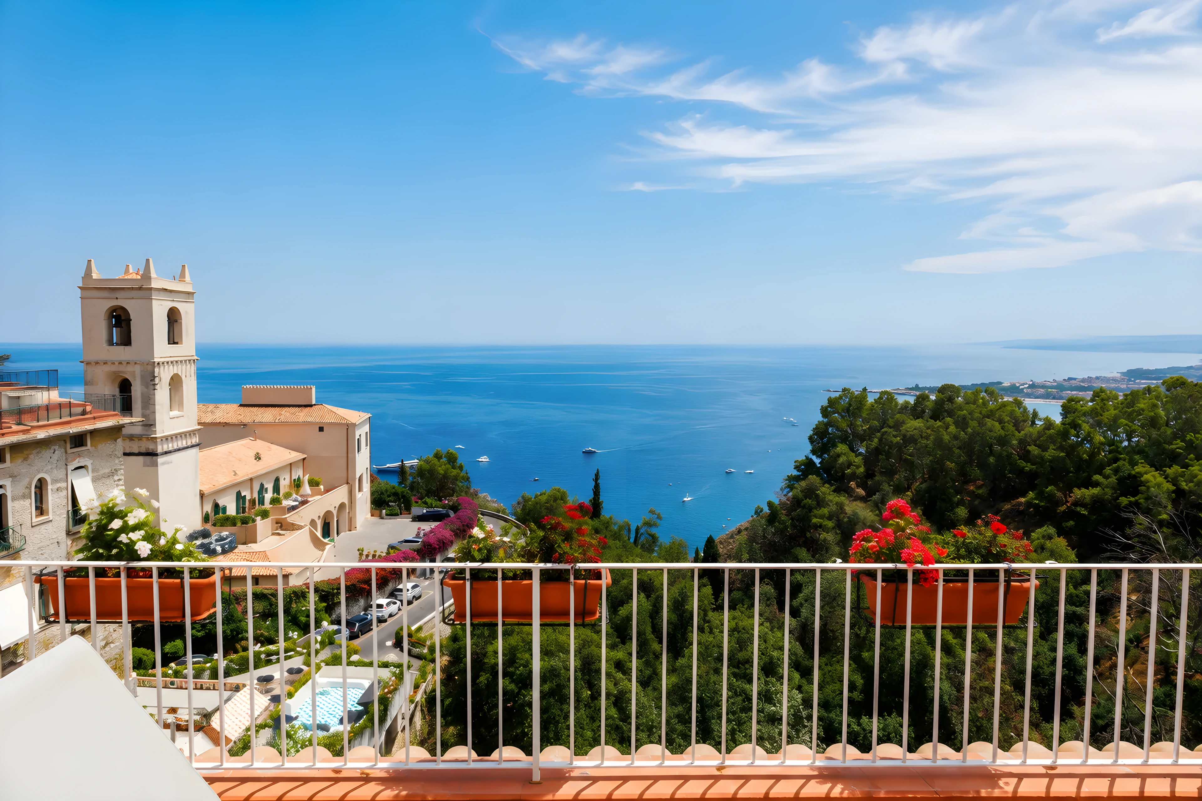 Il campanile di Taormina e la baia dello Ionio visti dall’alto